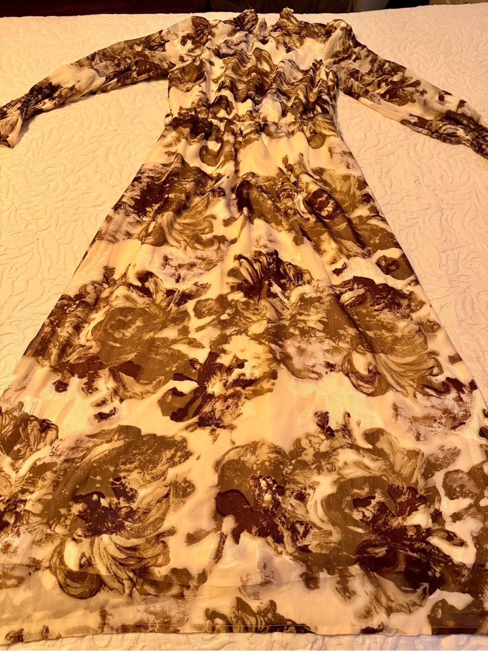 Women’s Long Sleeve Floral Print Maxi Dress - Brown/Beige- French Designer